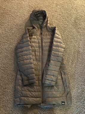 REI Women's Long Packable Down Puffer Coat in Taupe